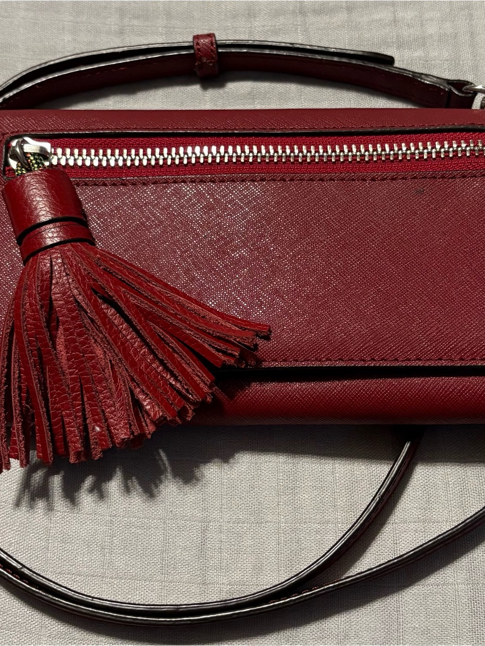 Rebecca Minkoff Saffiano Leather Red Crossbody Wallet with Tassel Accent